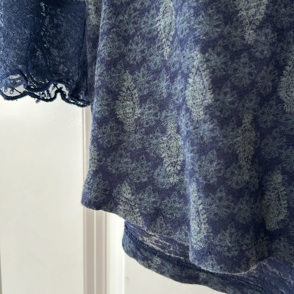 Lucky Brand Peasant Blouse w Sheer Mesh Lace Bodice & Sleeves Navy  & Sage Green - Picture 7 of 10